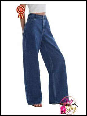 Women's Adjustable Waist Wide Leg Jeans Baggy High Waisted Denim Pants